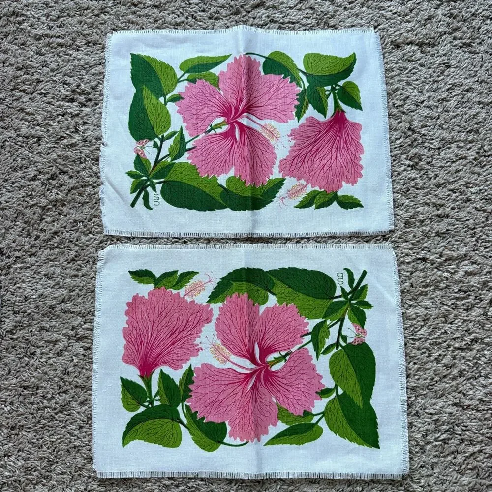 Vintage California Hand Prints Hibiscus Pink Floral Linen Placemats Set of 4